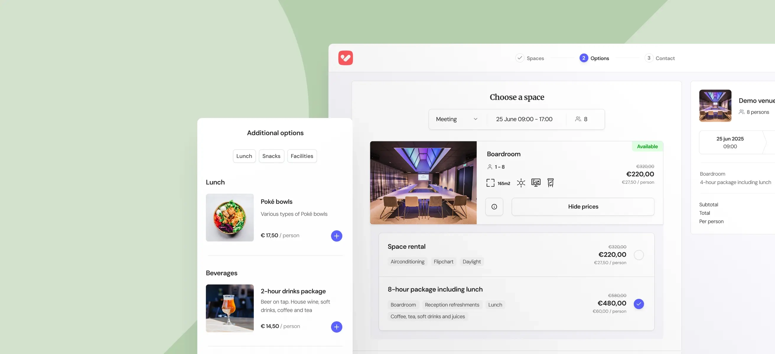 Clear user interface of an online booking module for meeting rooms, showing a selected boardroom and extra options like lunch and drink arrangements. The design is clean, modern, and user-friendly.