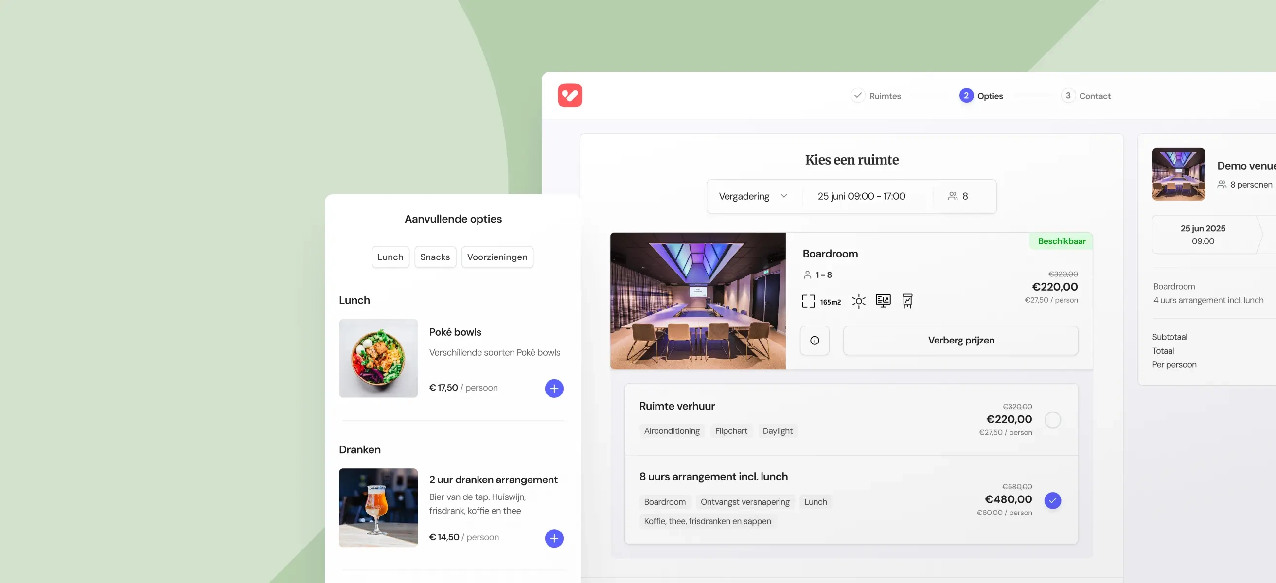 Overzichtelijke gebruikersinterface van een online boekingsmodule voor vergaderruimtes, waarin een Boardroom wordt geselecteerd, met extra opties zoals lunch en drankarrangementen. Het design is strak, modern en gebruiksvriendelijk.