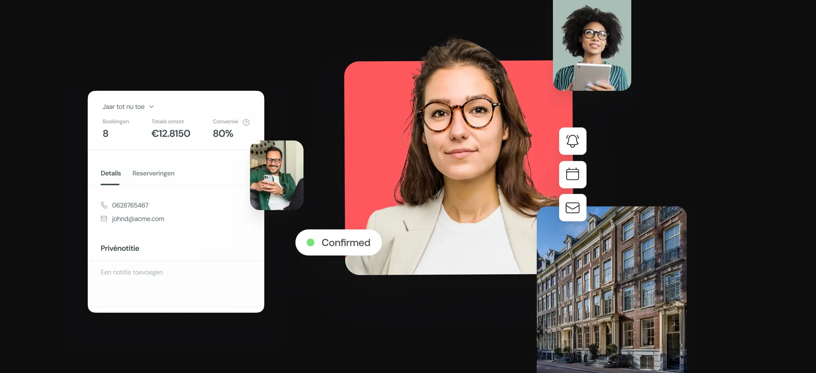 Afbeelding van een vrouw met smartphone en UI-elementen die een slimme boekingsbevestiging simuleren