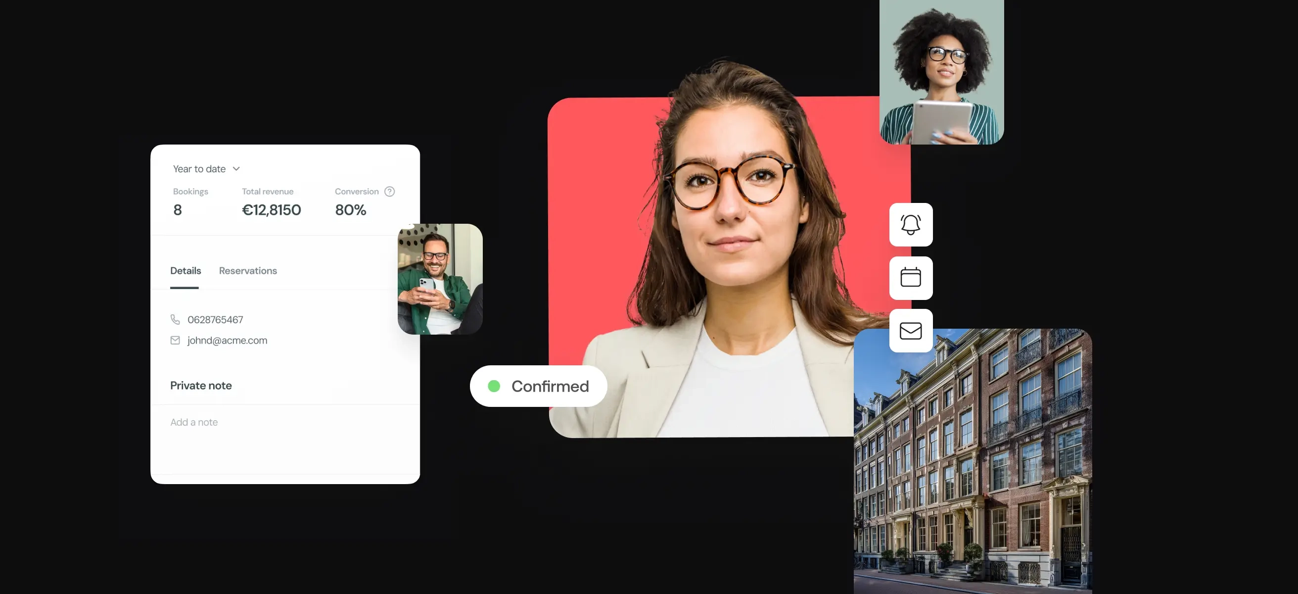 Visual of a woman with smartphone and UI elements symbolising smart booking confirmation