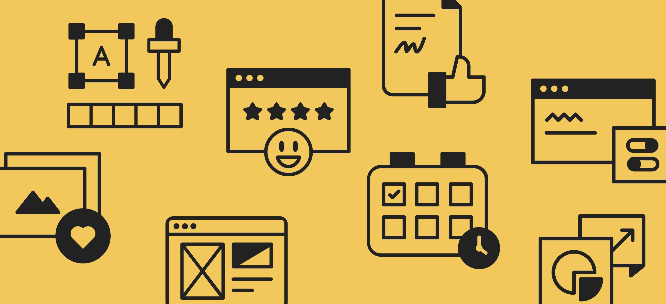 Illustration with black icons on a yellow background, including calendars, charts, forms, and review symbols. Represents smart online strategies to get more inquiries with less effort.
