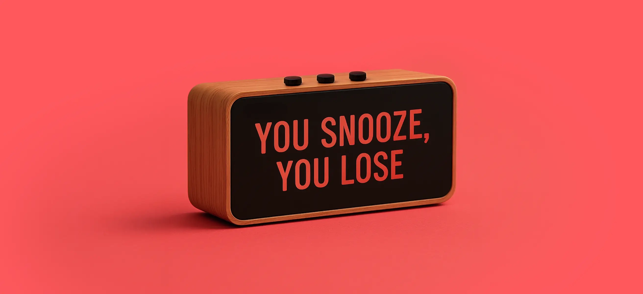 Foto van een wekker waar de tekst 'you snooze, you lose' op staat  op een rode achtergrond