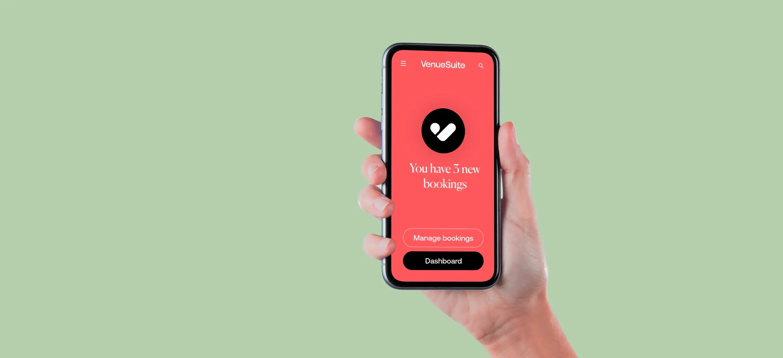 Image of a hand holding a smartphone displaying the VenueSuite To Go app