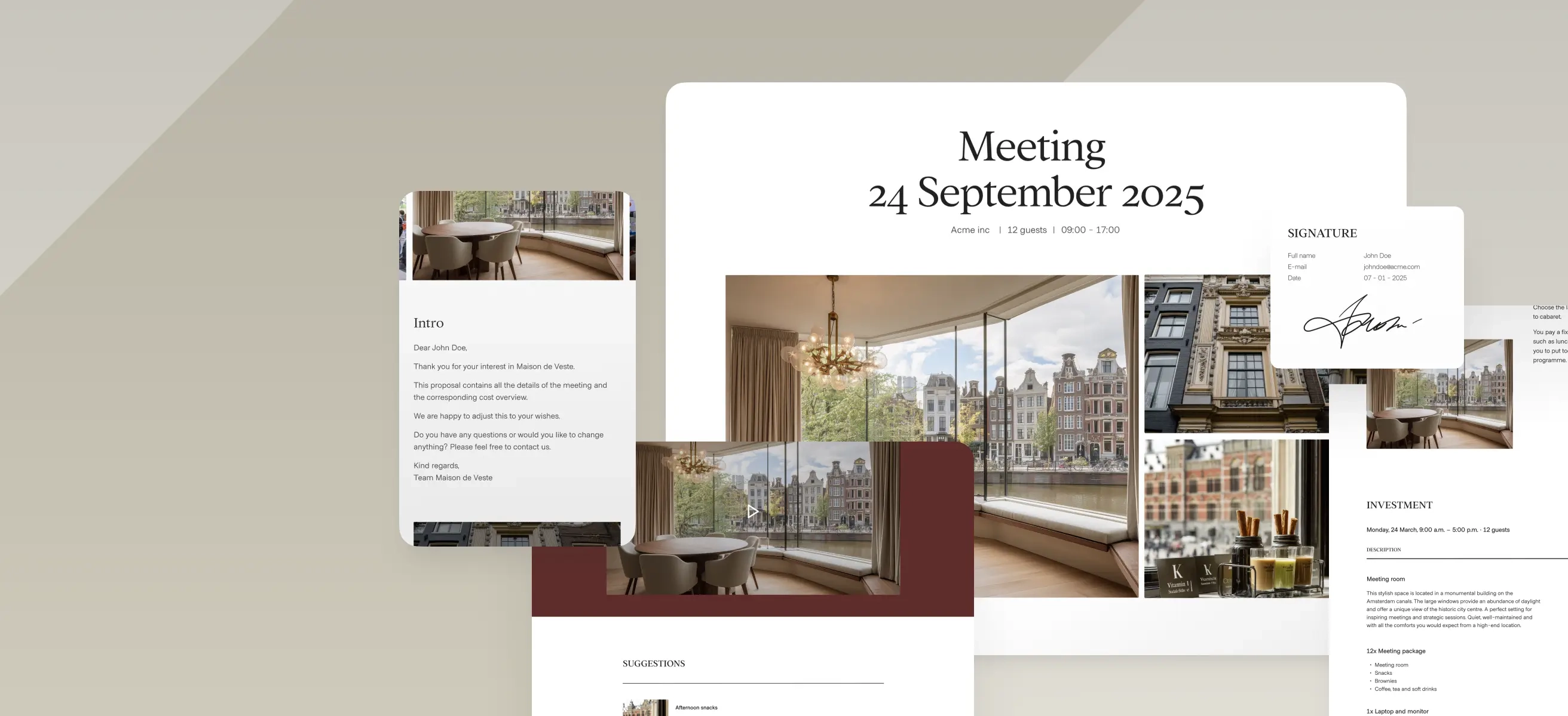 Screenshots of the e-proposal functionalities overview, including automatic confirmation, interface, digital signature and booking overview.