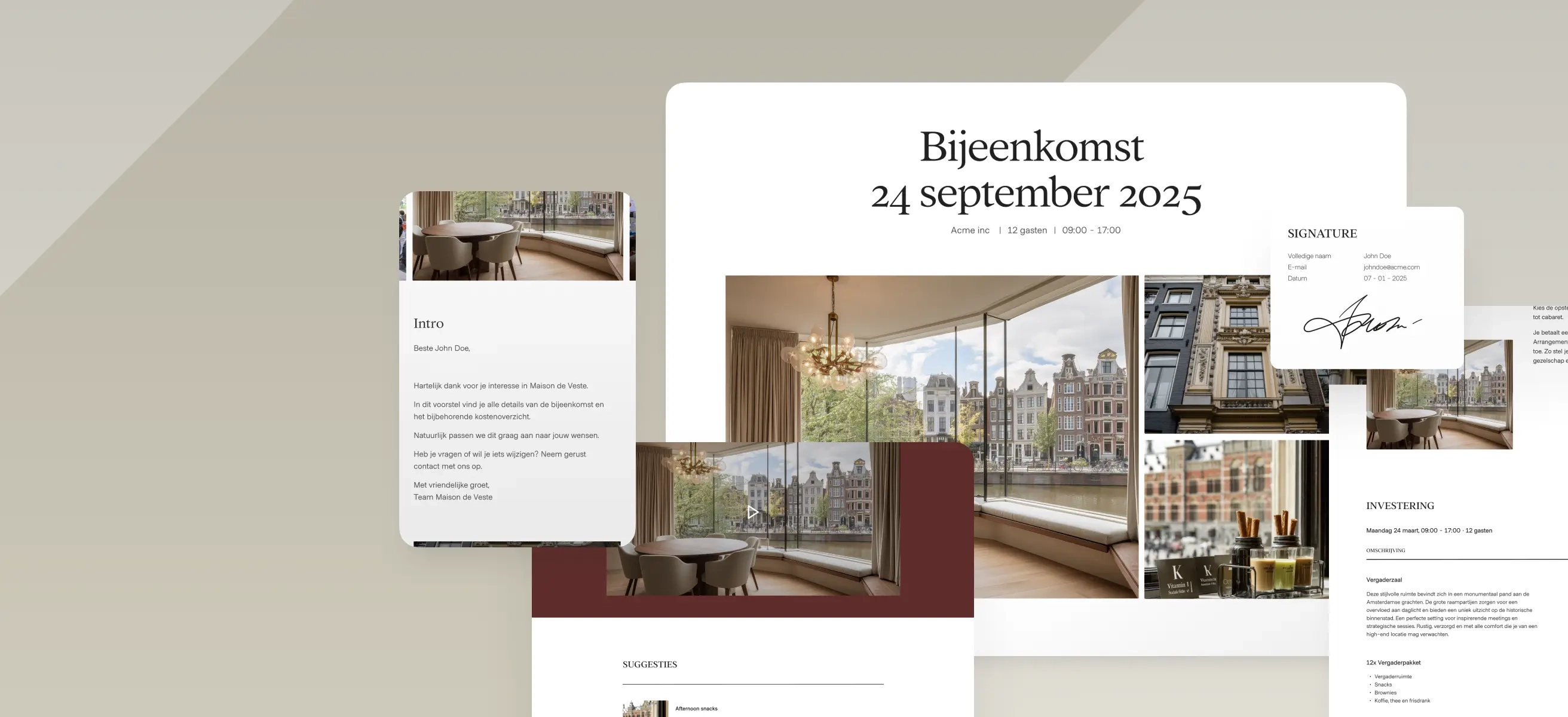 Screenshots van het overzicht van de e-proposal functionaliteiten waaronder automatische bevestiging, interface, digitale handtekening en boekingsoverzicht.