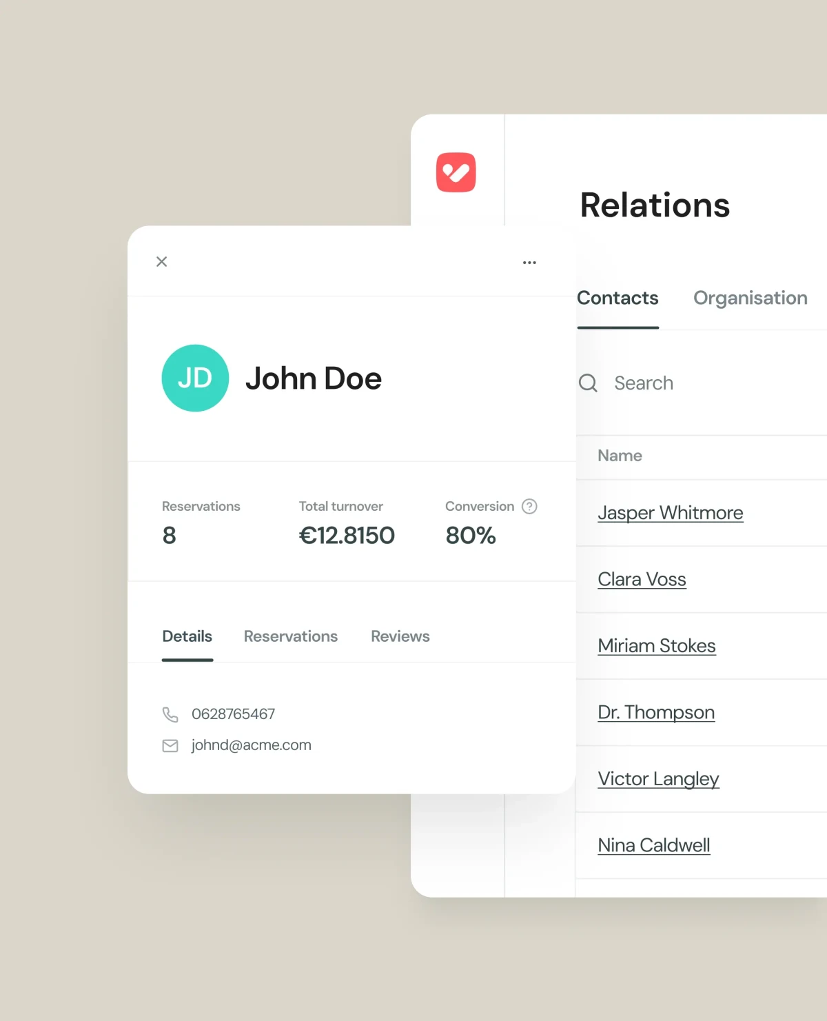 Screenshot of contacts and relationship management in the VenueSuite application