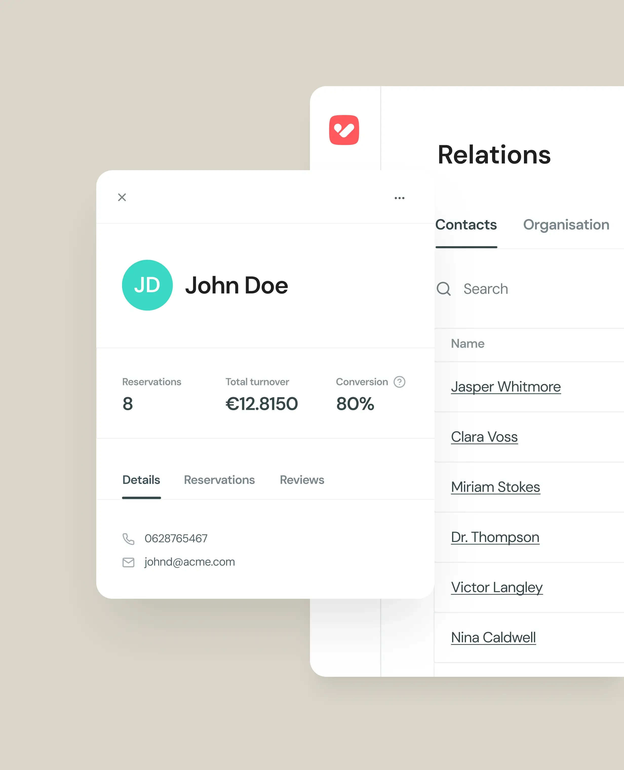 Screenshot of contacts and relationship management in the VenueSuite application