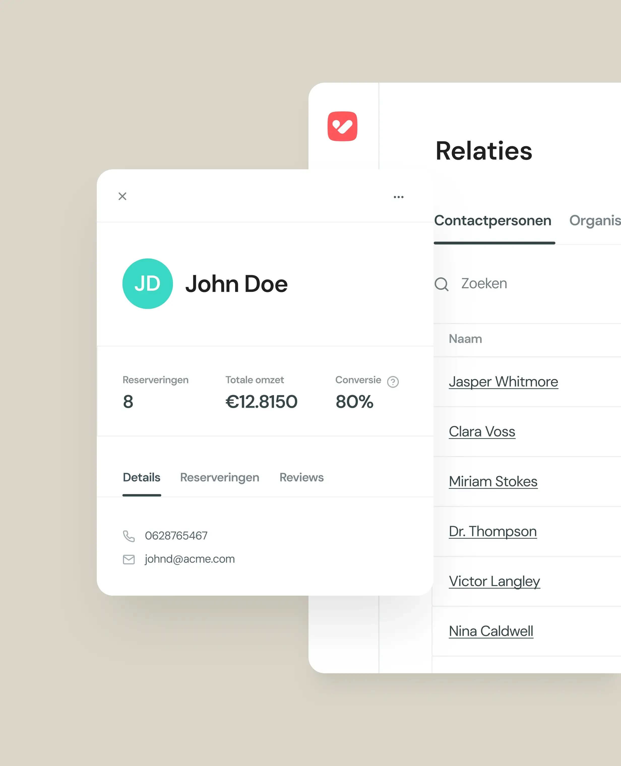 Screenshot van fictieve data uit het CRM-systeem van de VenueSuite reserveringssoftware
