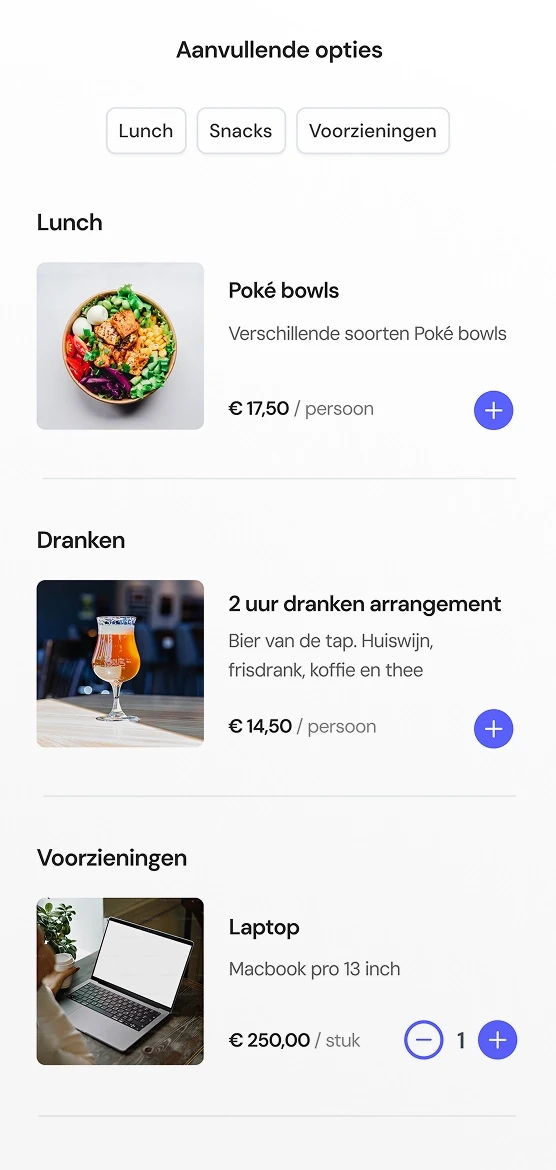 Screenshot van de te boeken extra voorzieningen zoals catering en apparatuur uit de VenueSuite to go app voor mobiele telefoon