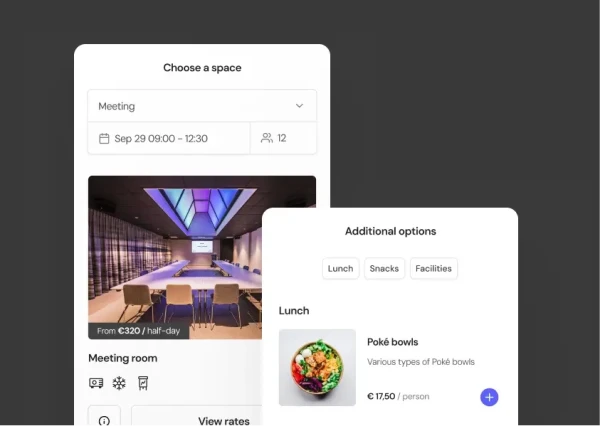 Screenshot of the booking module for meeting rooms and additions such as catering in the VenueSuite reservation software for mobile phone
