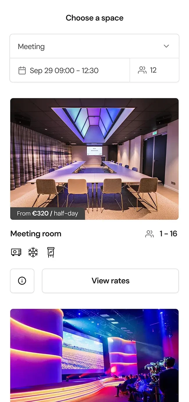 Screenshot of the VenueSuite booking engine interface showing available meeting rooms and selection options such as number of people, date and other options.