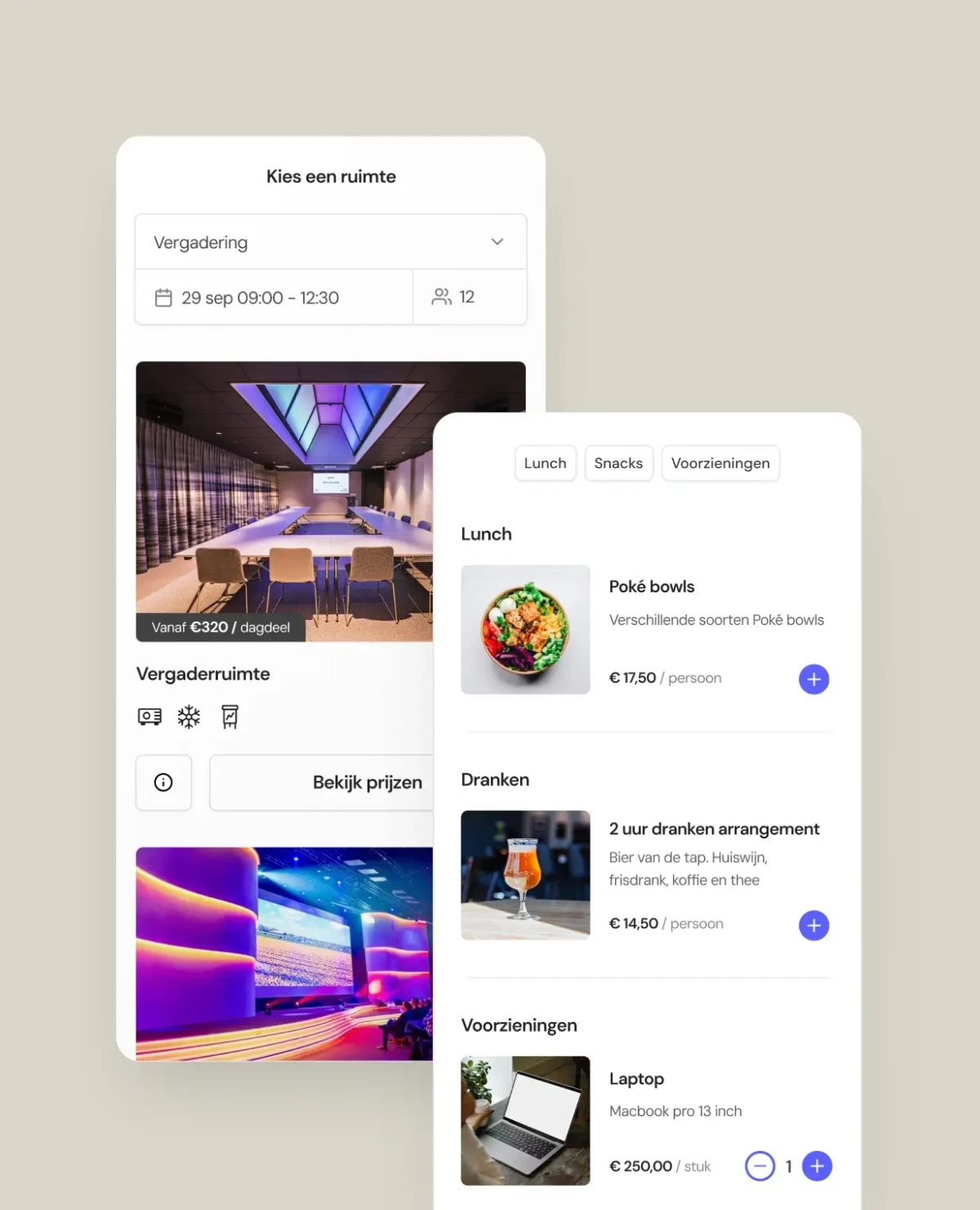 Screenshot van de boeking tool van de VenueSuite applicatie