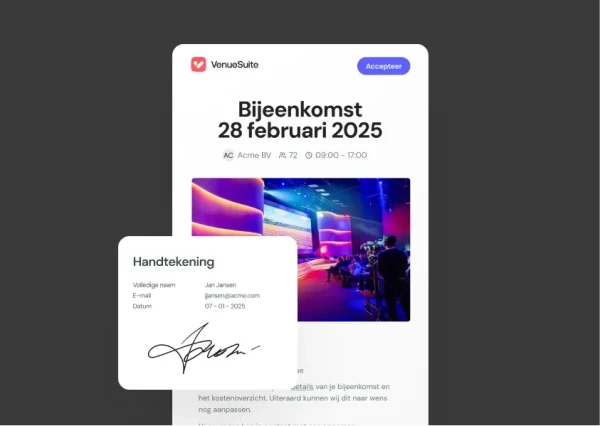 Screenshot van de reserveringsbevestiging via de VenueSuite to go app voor mobiele telefoon met een digitale handtekening uit de e-proposal tool