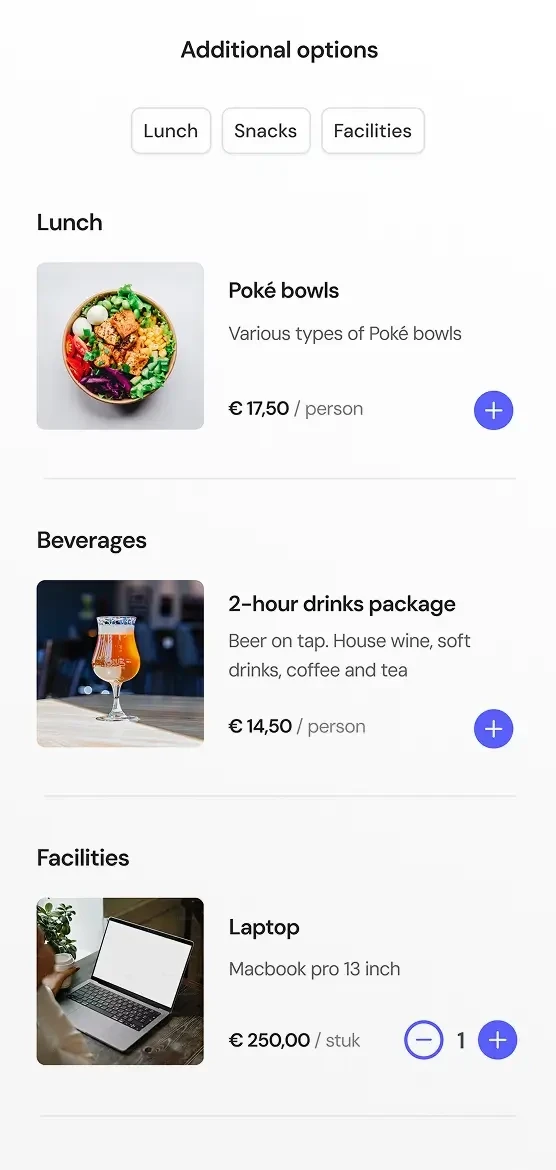 Screenshot of bookable additional amenities such as catering and equipment shown in the VenueSuite to go app for mobile phone
