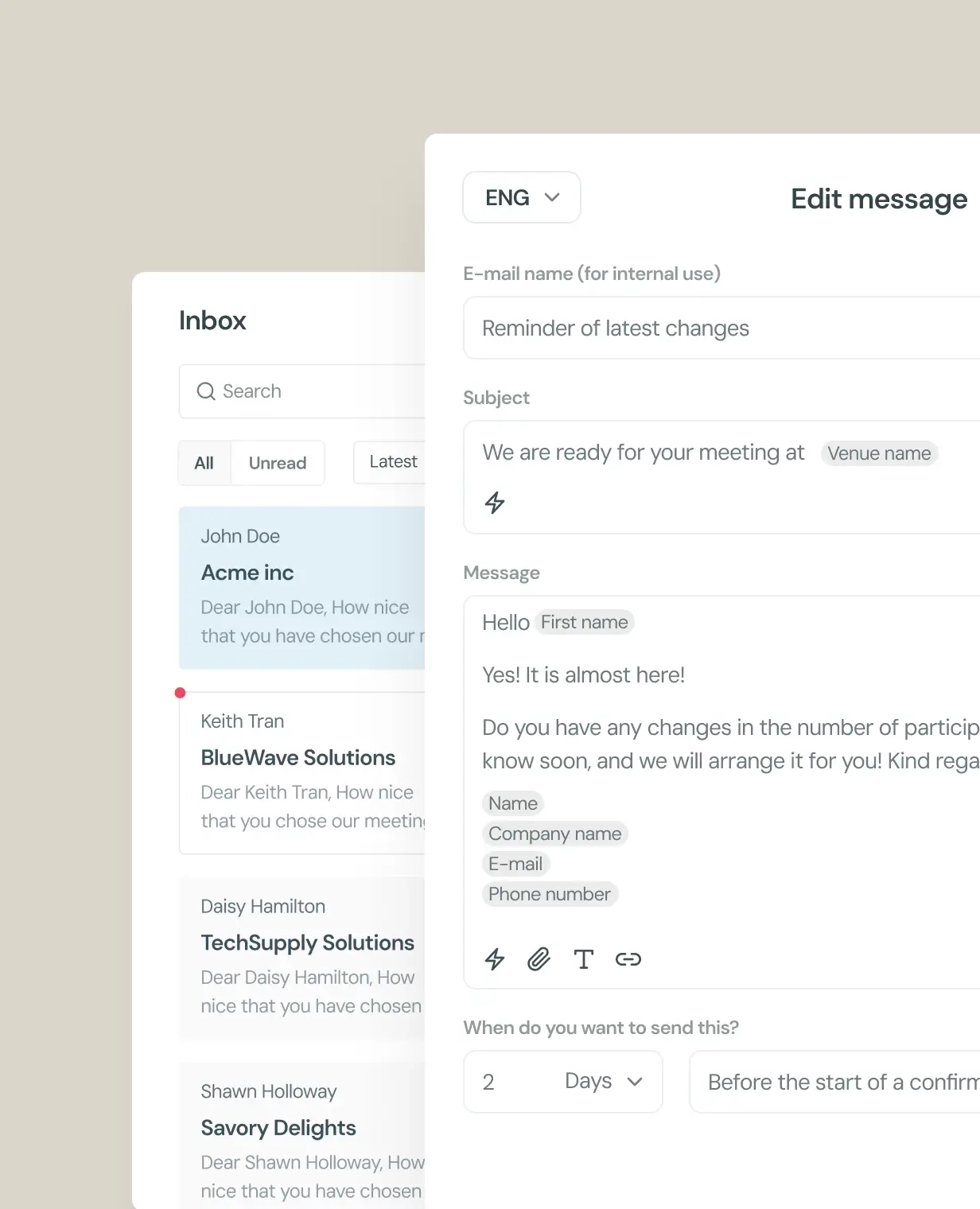 Screenshot of the automatic email templates in the VenueSuite application