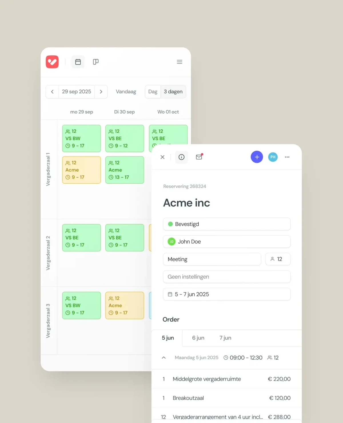 Screenshot van de kalender en een boeking in de VenueSuite to go reserveringssoftware voor mobiele telefoon