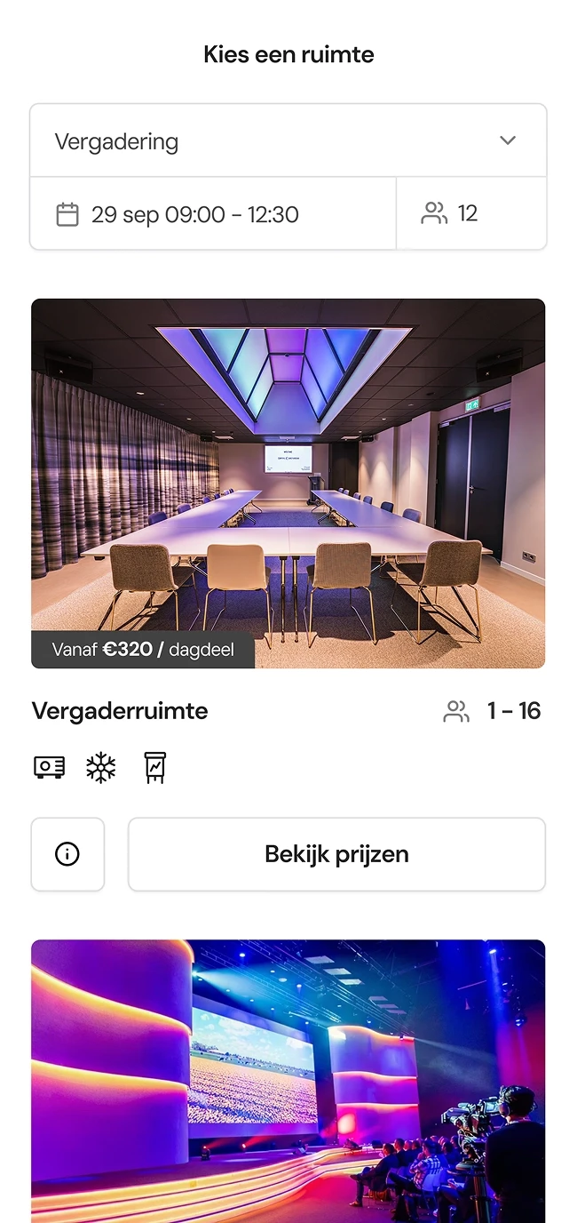 Screenshot van de booking engine in de VenueSuite reserveringssoftware app voor mobiele telefoon